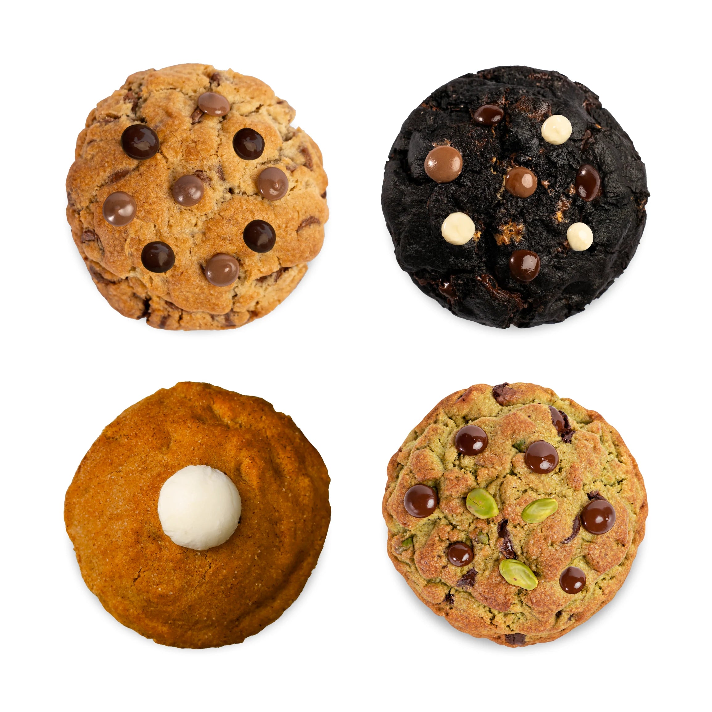 Vier Halloween Cookies von oben: Two Chip, Black Triple Chip, Pumpkin Spice Cream Cheese und Creamy Pistachio